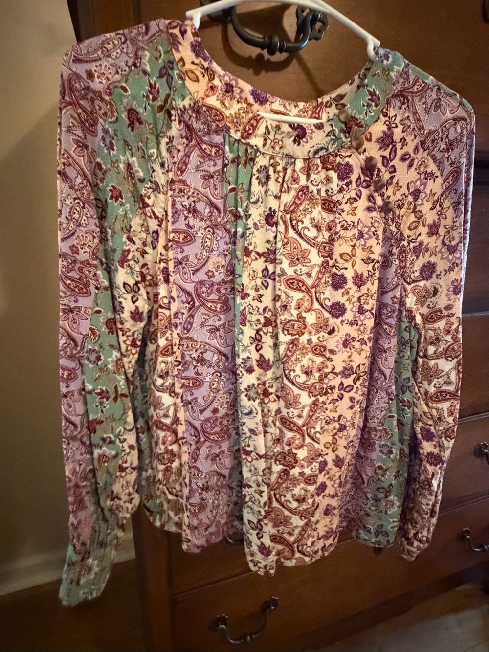 LOFT Paisley Patchwork Long-Sleeve Blouse - Purple, Cream & Mint